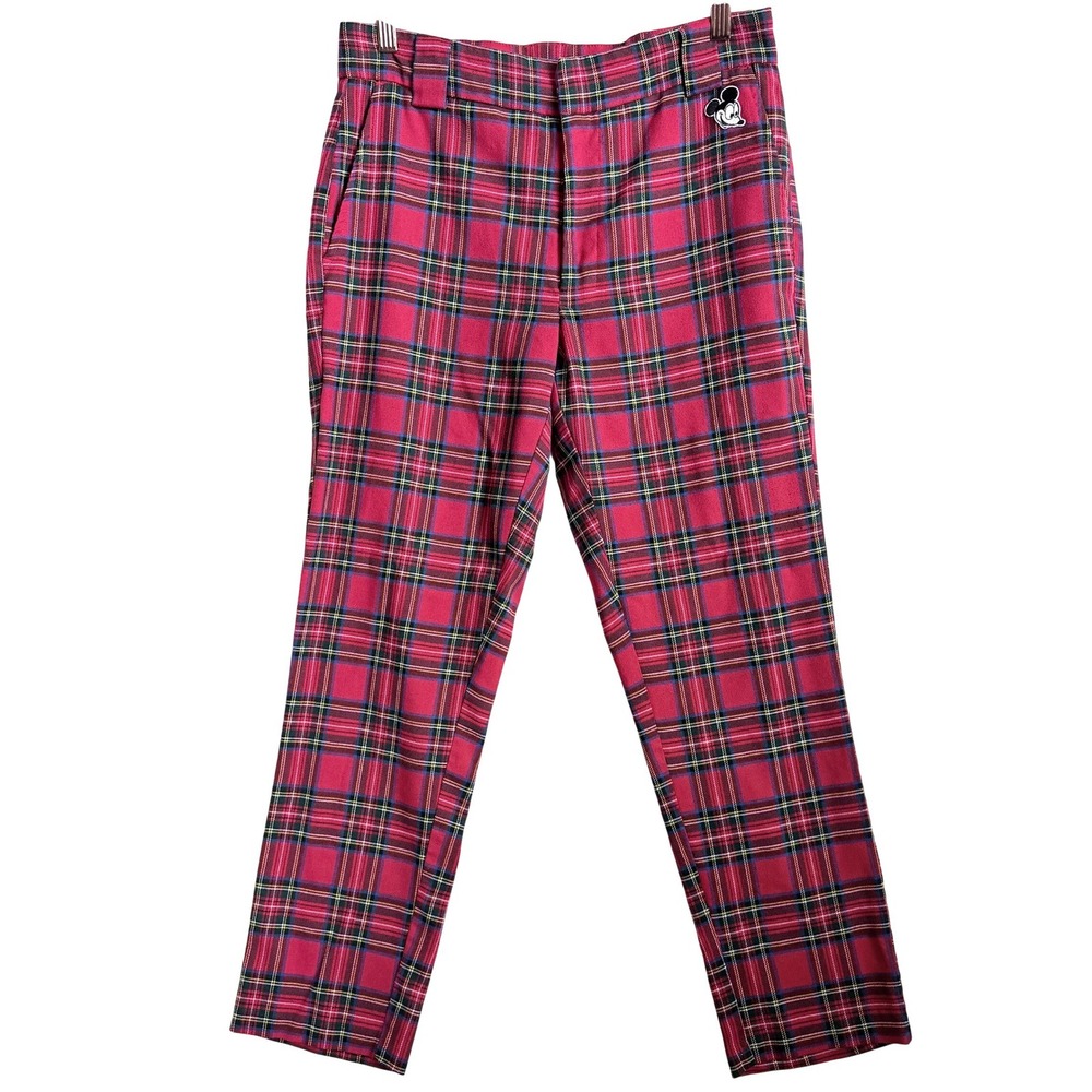 Disney x Forever 21 Mickey Mouse Red Tartan Plaid Pants Womens 31 Punk Preppy